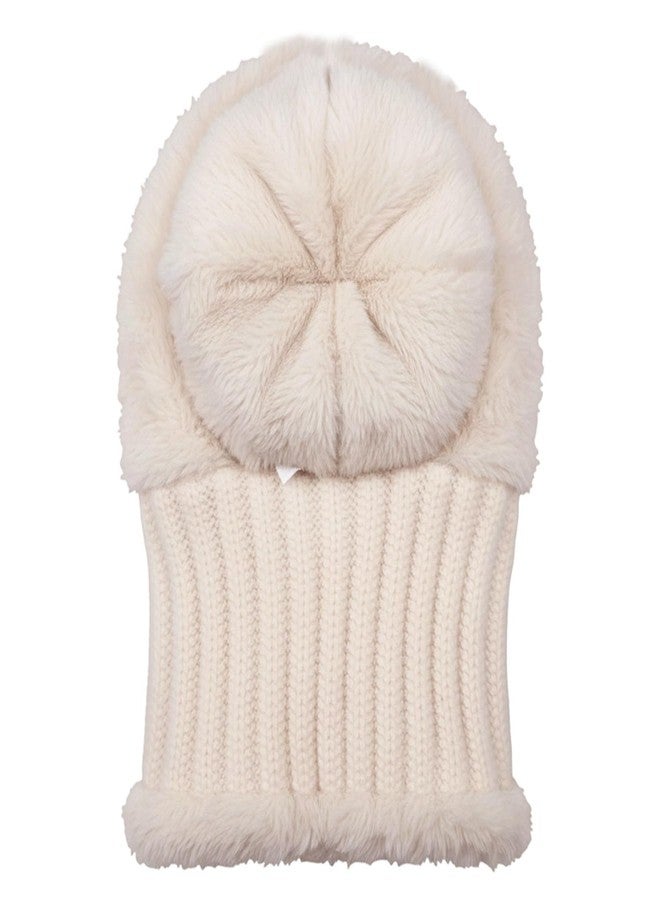 HUAMULAN Women Winter Beanie Hats One Piece Fleece Lined Knit Balaclavas Mask Set Skull Neck Circle Scarf Ski Snow Hat Pompom, Beige + Faux Fur, One size - Image 4