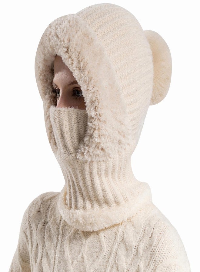 HUAMULAN Women Winter Beanie Hats One Piece Fleece Lined Knit Balaclavas Mask Set Skull Neck Circle Scarf Ski Snow Hat Pompom, Beige + Faux Fur, One size - Image 1