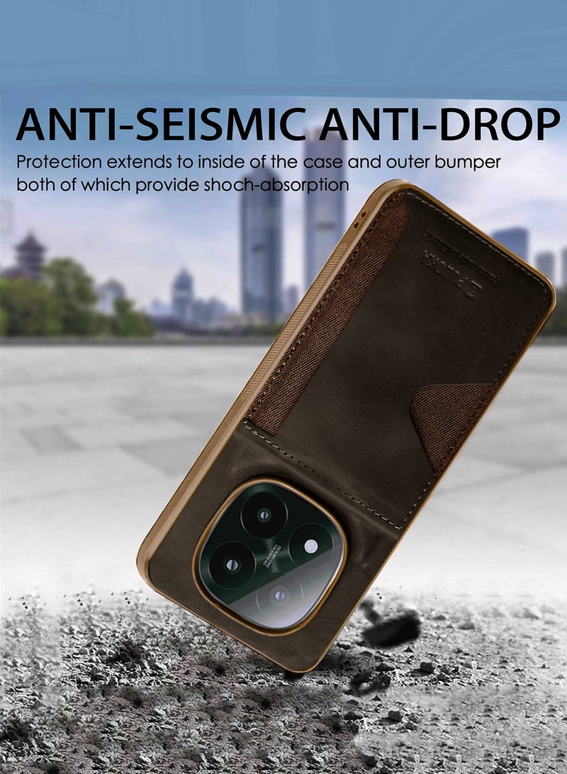 PULOKA Xiaomi Redmi Note 14 Pro+ 5G 2025 PULOKA Card Holder Skin-feel PU Leather Back Silicone Sides Case Cover - Brown - Image 3