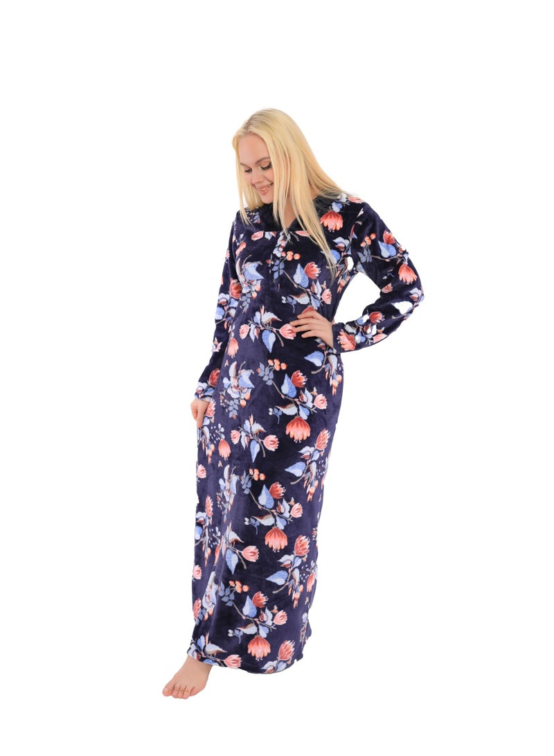 Dadoush Women's long nightgown with floral print, plus size 2XL-6XL, women's maxi robe with full coverage from Daadoush, a house abaya made of soft velvet. - Image 5