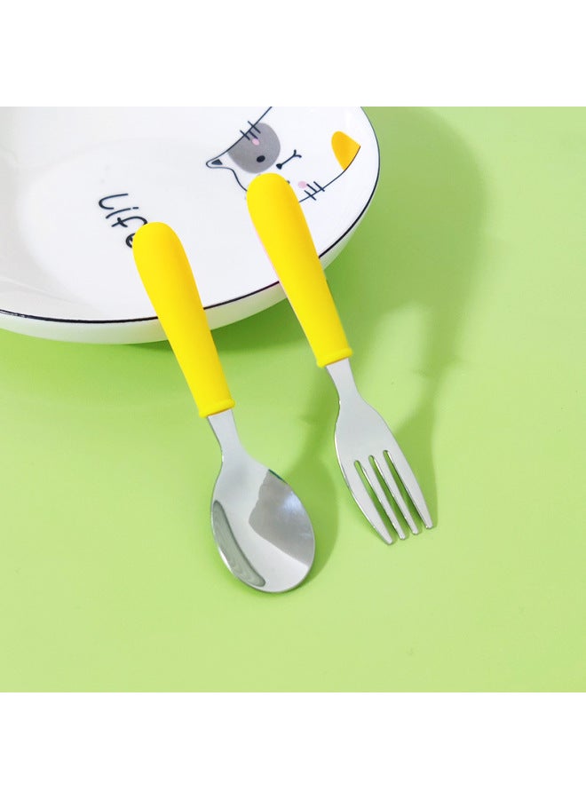Silicone Children's Fork Spoon Suit Short Handle 304 Stainless Steel Tableware Portable Fork Spoon Two-piece Dessert Spoon Cake Spoon-Specifications:Yellow - Image 1