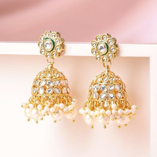 Rubans 18K Gold-Plated White Kundan Studded Brass Jhumka Earrings with White Pearl Bead Drops for Women & Girls – Perfect for Festive, Wedding & Traditional Ethnic Styling - Image 4