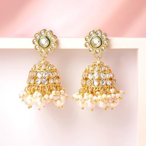 Rubans 18K Gold-Plated White Kundan Studded Brass Jhumka Earrings with White Pearl Bead Drops for Women & Girls – Perfect for Festive, Wedding & Traditional Ethnic Styling - Image 3