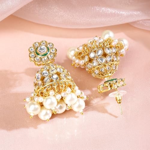 Rubans 18K Gold-Plated White Kundan Studded Brass Jhumka Earrings with White Pearl Bead Drops for Women & Girls – Perfect for Festive, Wedding & Traditional Ethnic Styling - Image 5