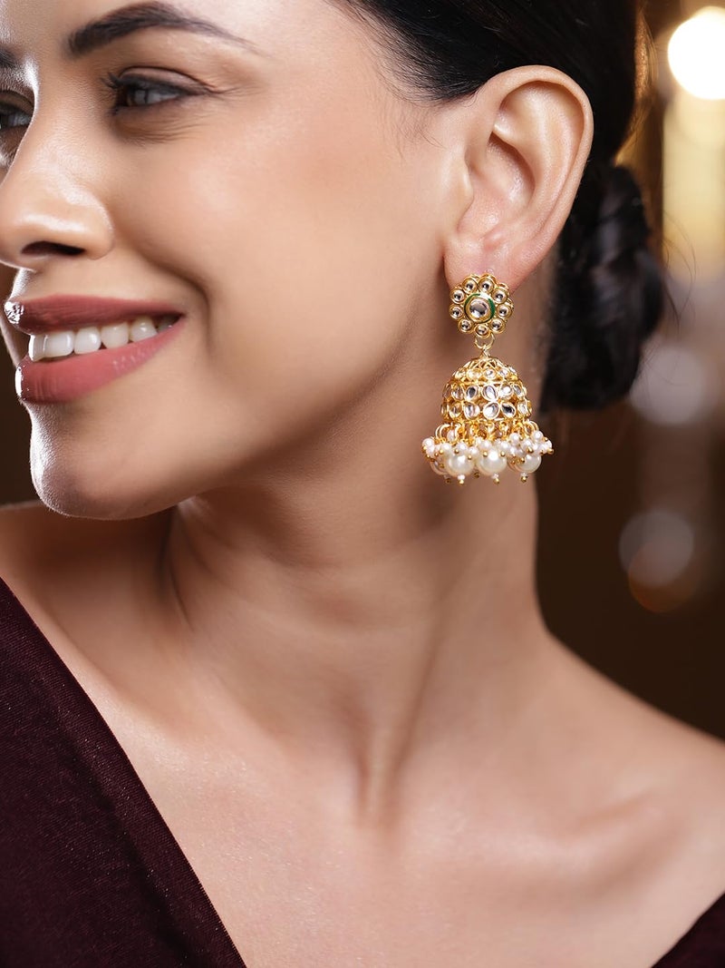 Rubans 18K Gold-Plated White Kundan Studded Brass Jhumka Earrings with White Pearl Bead Drops for Women & Girls – Perfect for Festive, Wedding & Traditional Ethnic Styling - Image 2