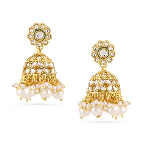 Rubans 18K Gold-Plated White Kundan Studded Brass Jhumka Earrings with White Pearl Bead Drops for Women & Girls – Perfect for Festive, Wedding & Traditional Ethnic Styling - Image 1