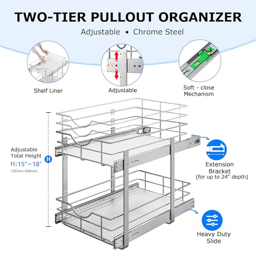 WelFurGeer 2-Tier Kitchen Cabinet Pullout Shelf and Drawer Organizer, Soft Close Pantry Pull Out Shelves, Heavy Duty Pull Out Cabinet Organizer with Shelf Liner for Kitchen Cabinets, Pantry Storage - Image 4