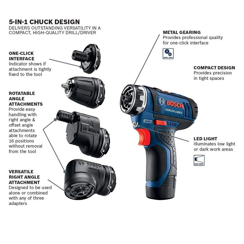 BOSCH 12V Max Cordless Power Drill Driver Kit with 5-In-1 Flexiclick System Multi-Head Drill Set with (2) 2 Ah Batteries (GSR12V-140FCB22) - Image 3
