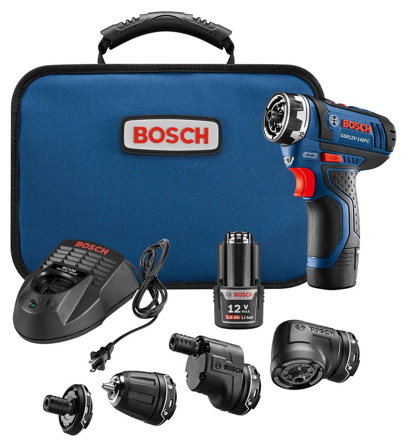 BOSCH 12V Max Cordless Power Drill Driver Kit with 5-In-1 Flexiclick System Multi-Head Drill Set with (2) 2 Ah Batteries (GSR12V-140FCB22) - Image 1