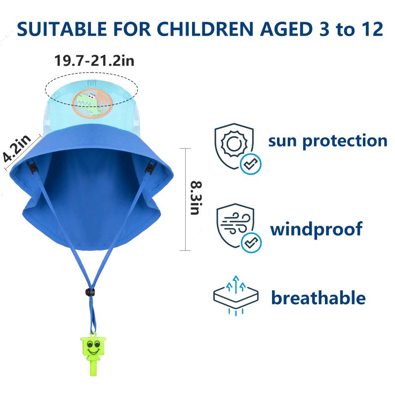 FENELY Kids Sun Hat for Boys Summer UV Protection Beach Play Hats UPF 50+ Wide Brim Fishing Bucket Cap with Neck Flap, Blue Dinosaur Outdoor Safari Hiking Sunhat, Gift for Baby Toddler Youth Ages 3-12 Years - Image 3