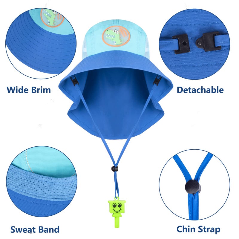 FENELY Kids Sun Hat for Boys Summer UV Protection Beach Play Hats UPF 50+ Wide Brim Fishing Bucket Cap with Neck Flap, Blue Dinosaur Outdoor Safari Hiking Sunhat, Gift for Baby Toddler Youth Ages 3-12 Years - Image 4