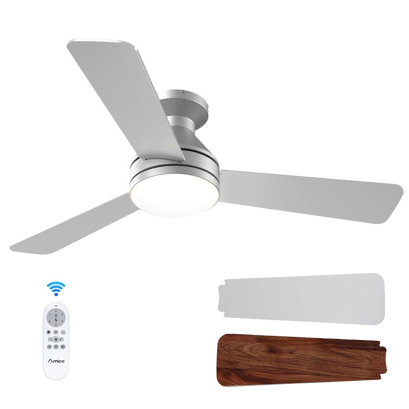 Amico Ceiling Fans with Lights 42 inch Low Profile Ceiling Fan with Light and Remote Control Flush Mount Reversible 3CCT Dimmable Noiseless Silver Ceiling Fan for Bedroom IndoorOutdoor Use