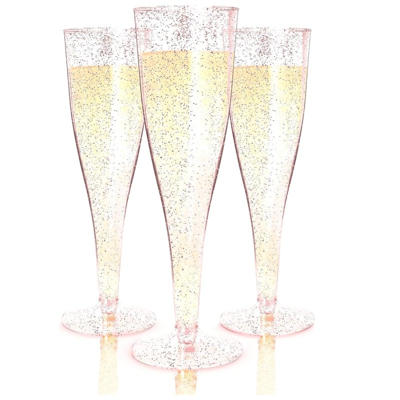 Prestee 24 Piece Plastic Champagne Flutes 45 oz Plastic Wine Glasses with Rose Gold Glitter Cocktail Glasses for Parties Party Supplies for Mimosa Bar Wedding Shower Party and New Years Eve