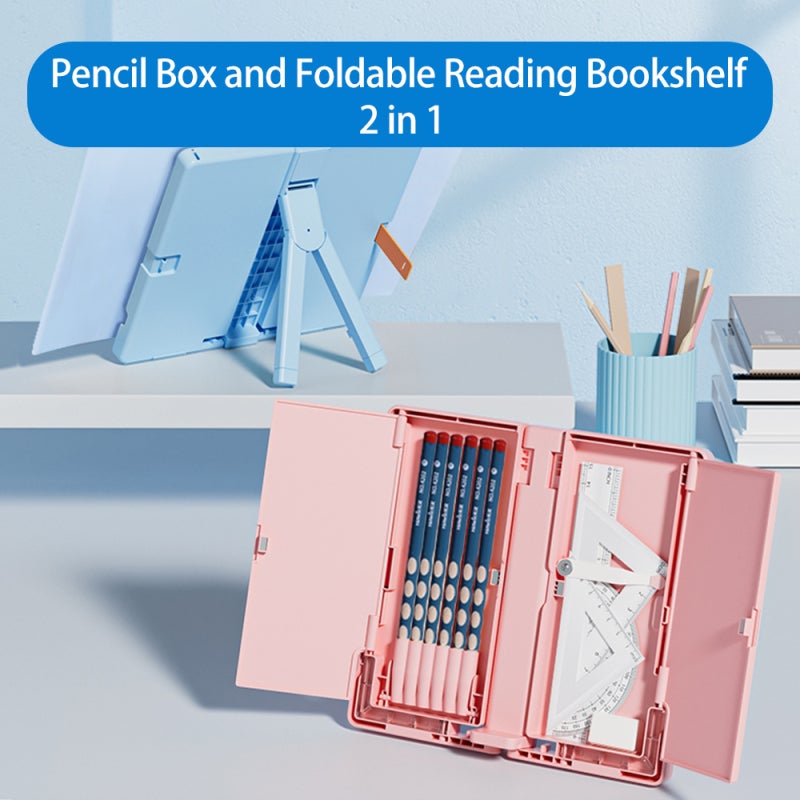 tenwin Book Stand for Reading Pink Folding Book Stand with Double Layer Pencil Case Notebook Holder for Students Study Desk Use - Image 5