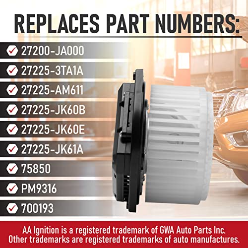 AA Ignition محرك مروحة بديل - متوافق مع سيارات نيسان وإنفينيتي - ألتيما، ماكسيما، 350Z، مورانو، G35، FX35، E35، G37 - يحل محل الجزء 27200-JA000، 27225-3TA1A، 700193، PM9316، 27225-JK60B، 75850 - Image 3