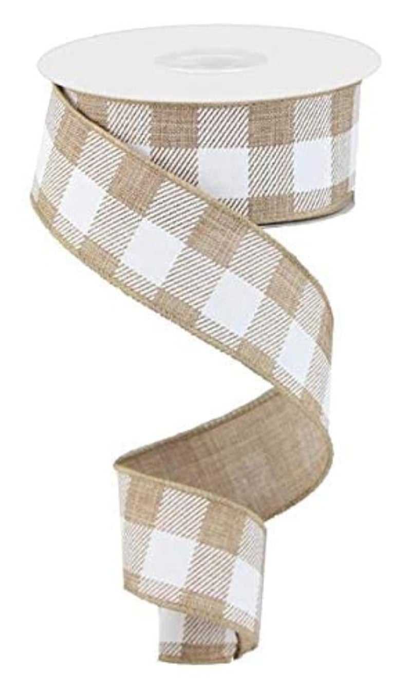 Craig Bachman Plaid Check Wired Edge Ribbon - 10 Yards (Light Tan, White, 1.5") - Image 1