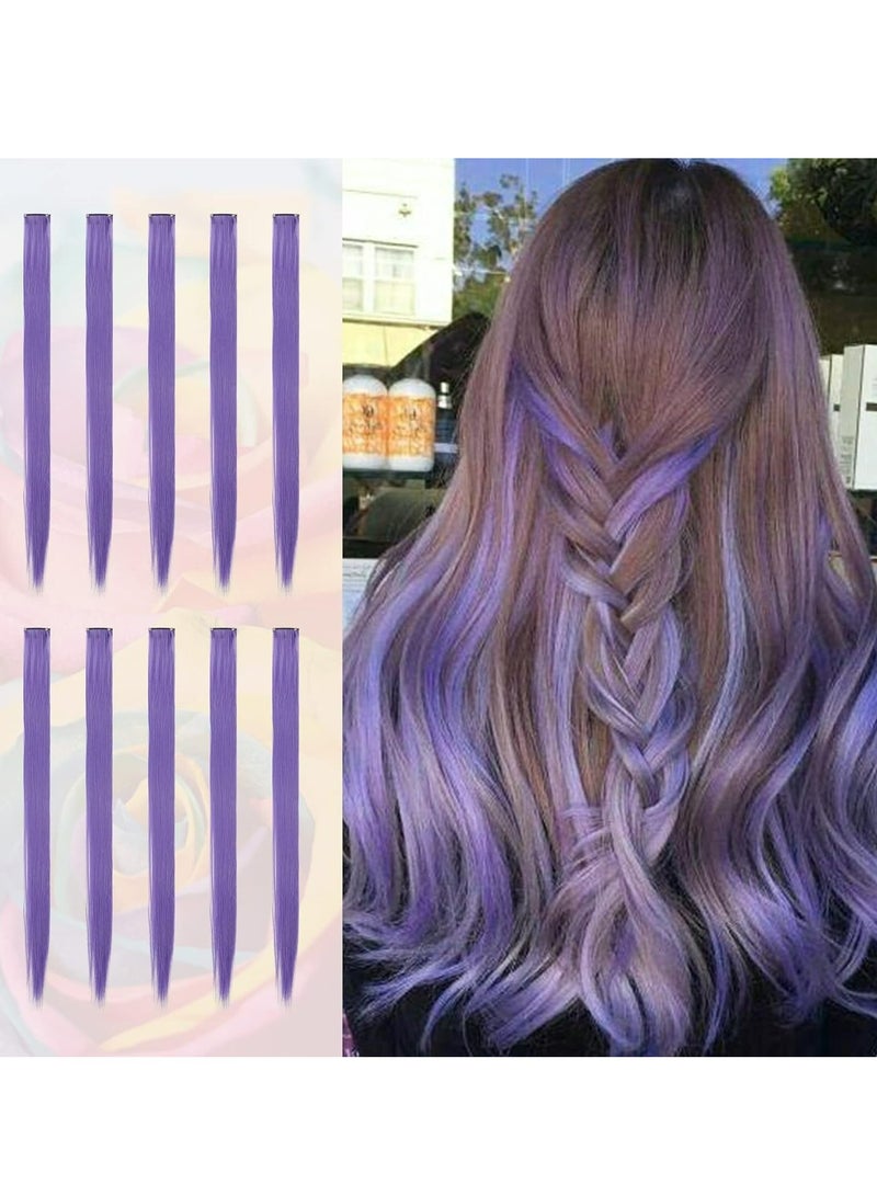 Generic 10 Pcs Colored Hair Extensions Party Highlights Colorful Clip in Hair Extensions 22 Inch Straight Synthetic Hairpieces for Women Kids Girls Cosplay, 10pcs Grey Purple - Image 1