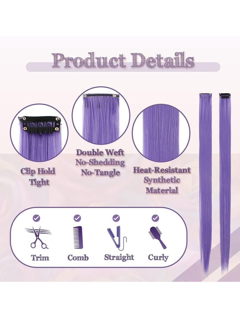 Generic 10 Pcs Colored Hair Extensions Party Highlights Colorful Clip in Hair Extensions 22 Inch Straight Synthetic Hairpieces for Women Kids Girls Cosplay, 10pcs Grey Purple - Image 3