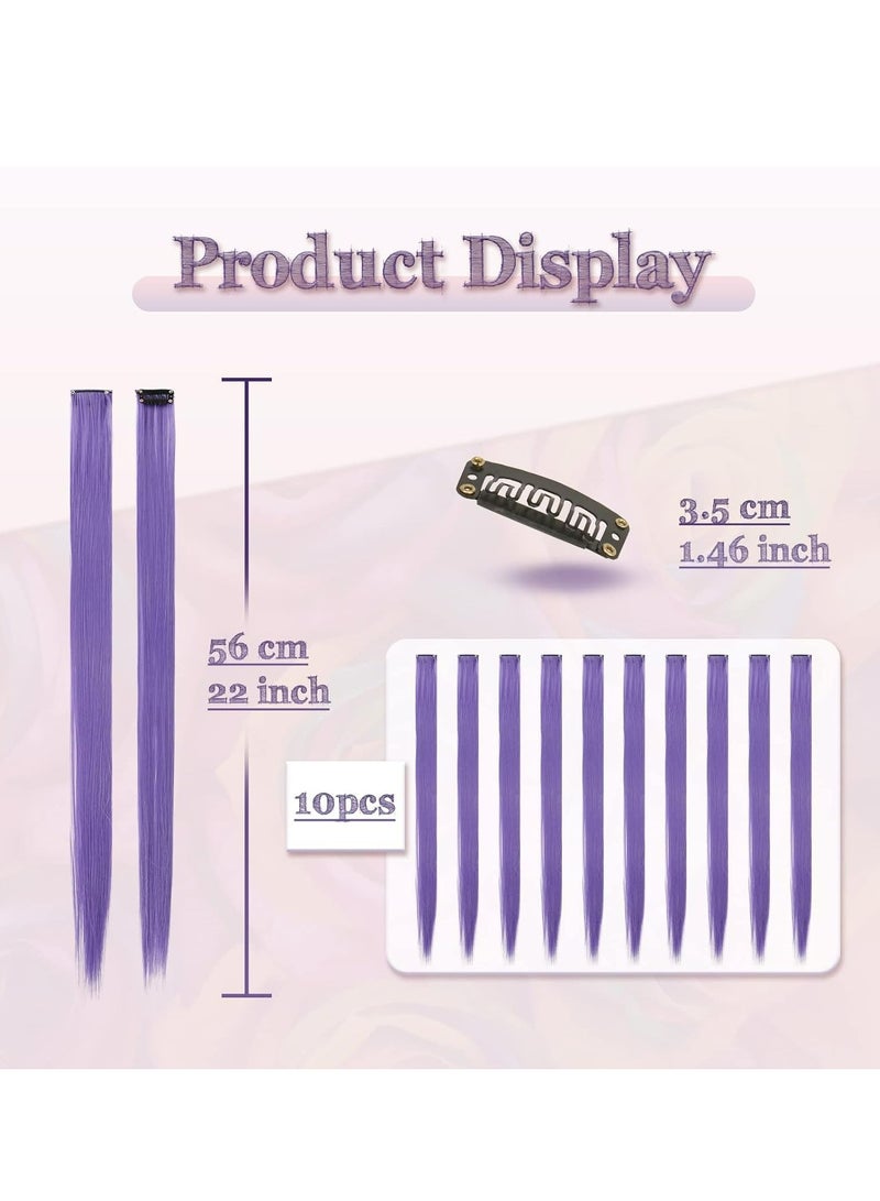 Generic 10 Pcs Colored Hair Extensions Party Highlights Colorful Clip in Hair Extensions 22 Inch Straight Synthetic Hairpieces for Women Kids Girls Cosplay, 10pcs Grey Purple - Image 2