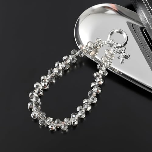 KHOLAD Crystal Phone Wrist Strap Phone Charm Chain Keychain Beaded Cellphone Lanyard with Tether Tab Hands-Free Wristlet Bracelet Wrist Grip Strap for Women (Gray) - Image 2
