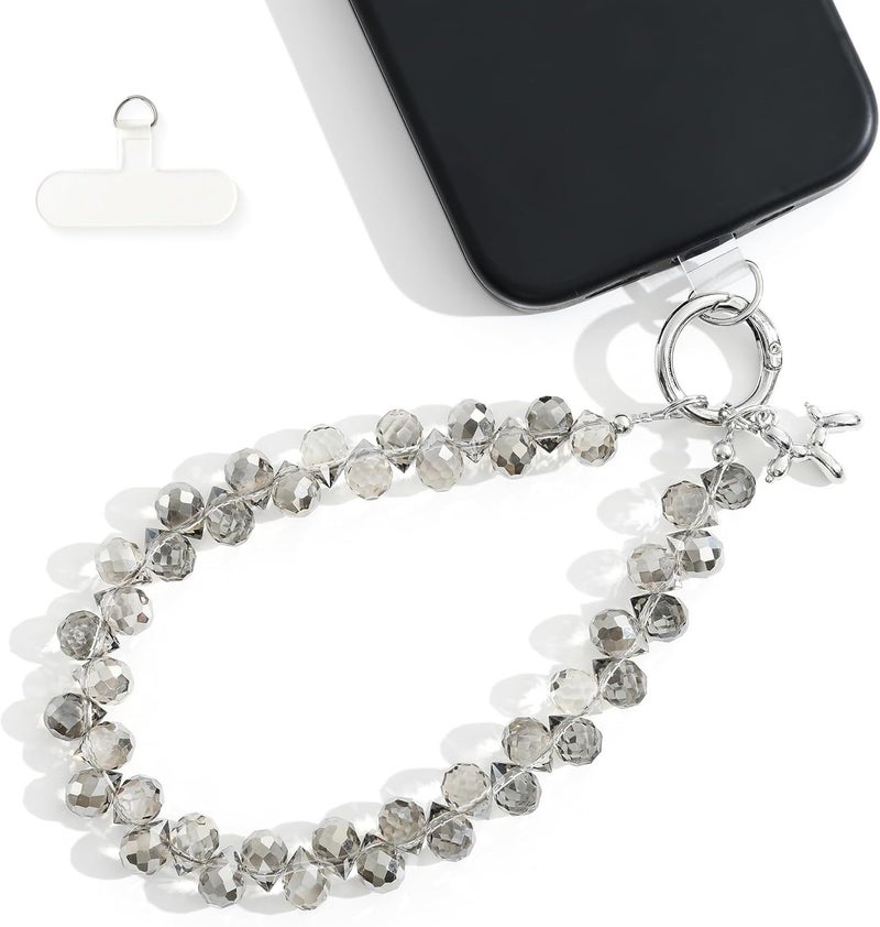 KHOLAD Crystal Phone Wrist Strap Phone Charm Chain Keychain Beaded Cellphone Lanyard with Tether Tab Hands-Free Wristlet Bracelet Wrist Grip Strap for Women (Gray) - Image 1