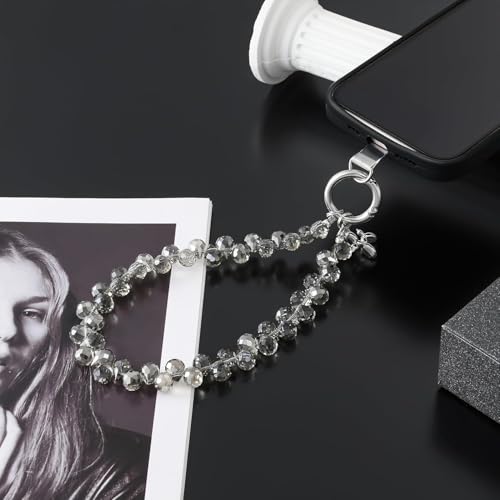 KHOLAD Crystal Phone Wrist Strap Phone Charm Chain Keychain Beaded Cellphone Lanyard with Tether Tab Hands-Free Wristlet Bracelet Wrist Grip Strap for Women (Gray) - Image 5