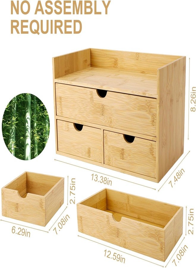 Charmewooden Bamboo Desk Organizer 3 Drawer with Shelf, Countertop Organizer with Drawers Makeup Storage Drawer 3 Drawers Tabletop Storage Organization Box Home Office Workspace - Image 2