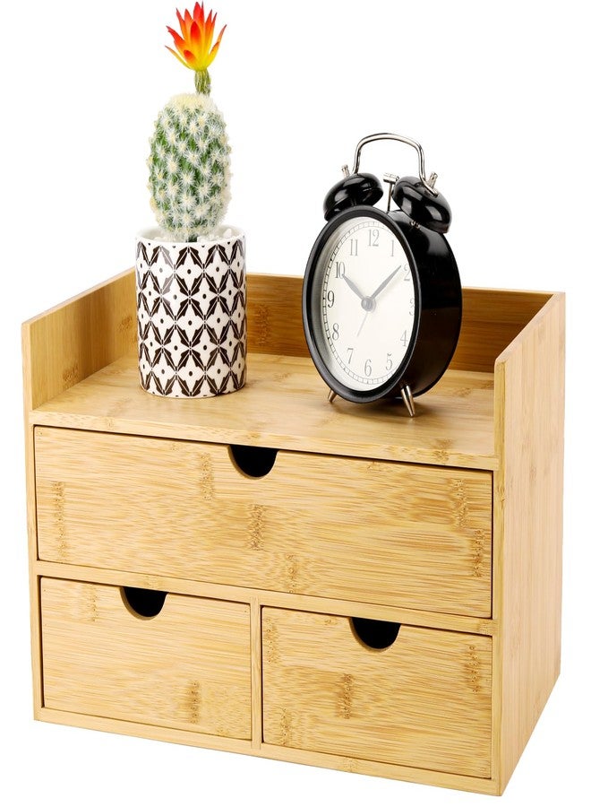 Charmewooden Bamboo Desk Organizer 3 Drawer with Shelf, Countertop Organizer with Drawers Makeup Storage Drawer 3 Drawers Tabletop Storage Organization Box Home Office Workspace - Image 1