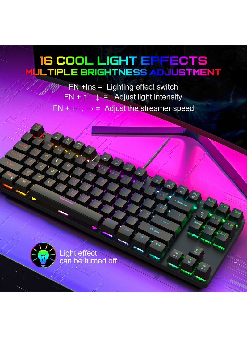 أورافلي لوحة مفاتيح ميكانيكية للألعاب، لوحة مفاتيح سلكية محمولة مكونة من 87 مفتاحًا مع مفاتيح زرقاء، و16 وضع إضاءة مختلطة الألوان، وإضاءة خلفية RGB، ومقاومة للماء والرذاذ، ودوران كامل للمفاتيح N، ومناسبة للاعبي الكمبيوتر الشخصي/PS4/Xbox ومستخدمي Mac، باللون الأسود. - Image 2