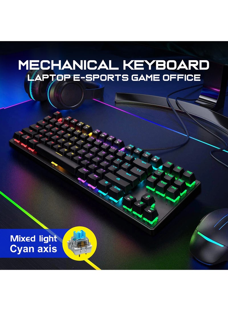 أورافلي لوحة مفاتيح ميكانيكية للألعاب، لوحة مفاتيح سلكية محمولة مكونة من 87 مفتاحًا مع مفاتيح زرقاء، و16 وضع إضاءة مختلطة الألوان، وإضاءة خلفية RGB، ومقاومة للماء والرذاذ، ودوران كامل للمفاتيح N، ومناسبة للاعبي الكمبيوتر الشخصي/PS4/Xbox ومستخدمي Mac، باللون الأسود. - Image 3