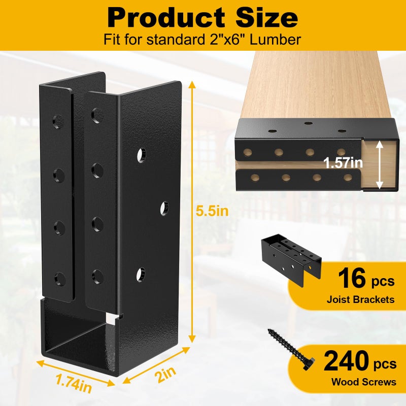 Fmhotu Concealed Joist Hanger (16 Pack),2""X6"" Outdoor Concealed-Flange Joist Bracket With Screws, Q235B Steel Powder Coated Concealed Mount Light Joist Hangers For 2""X4"" Beam, Swing, Handrail, Fence - Image 2