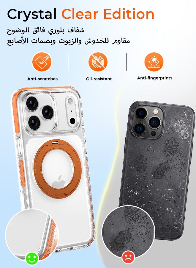 غطاء هاتف شفاف لـ iPhone 17 Pro مع حامل حلقة مغناطيسي برتقالي متوافق مع شحن MagSafe، دوار 360 درجة، مقاوم للصدمات بدرجة عسكرية - Image 3