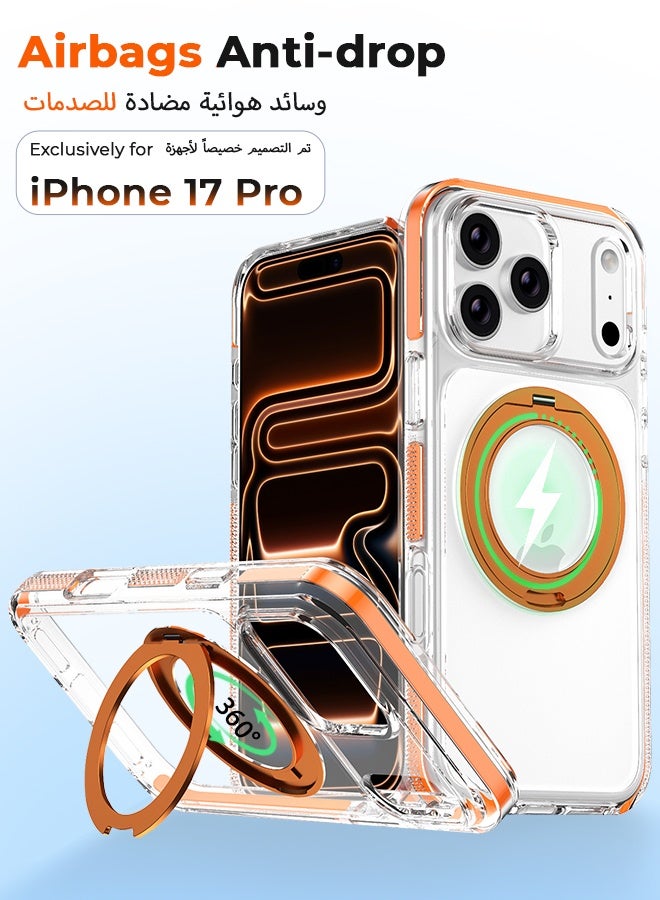 غطاء هاتف شفاف لـ iPhone 17 Pro مع حامل حلقة مغناطيسي برتقالي متوافق مع شحن MagSafe، دوار 360 درجة، مقاوم للصدمات بدرجة عسكرية - Image 1