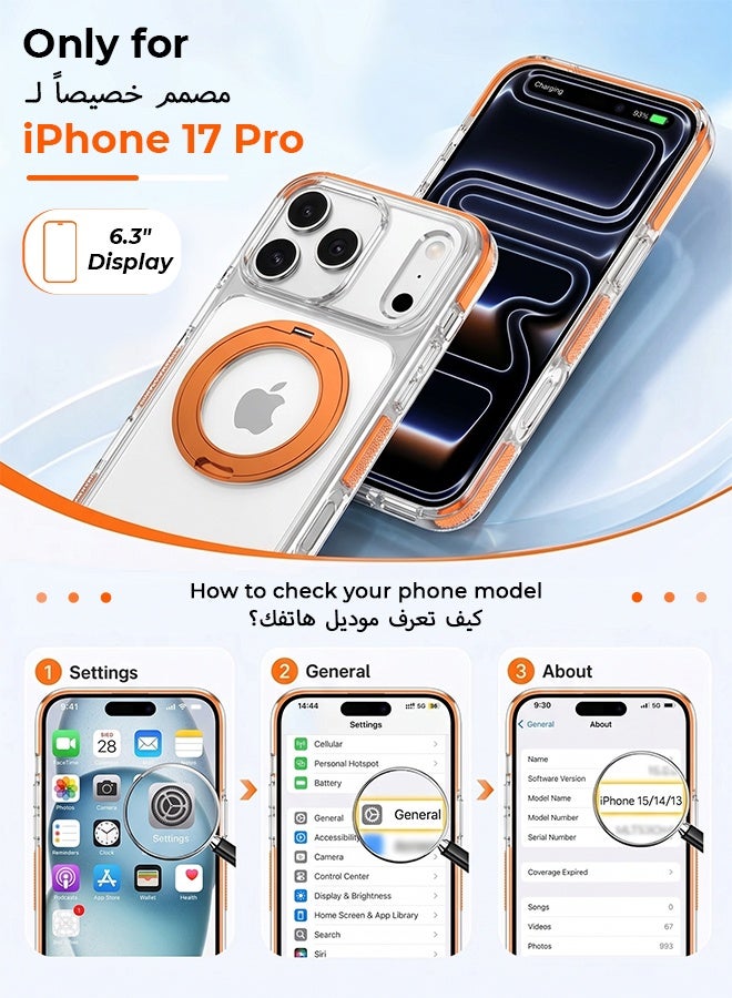 غطاء هاتف شفاف لـ iPhone 17 Pro مع حامل حلقة مغناطيسي برتقالي متوافق مع شحن MagSafe، دوار 360 درجة، مقاوم للصدمات بدرجة عسكرية - Image 5
