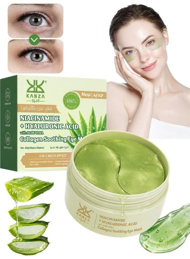 Kanza 60 Pcs Aloe Vera Collagen Soothing Eye Mask Niacinamide with Hyaluronic Acid Under Eye Patches for Dark Circles and Puffiness Reduces Eye Bags Wrinkles Improves Firms Eye Skin Dark Circles Treatment Collagen Eye Gel Pads Anti Wrinkle Eye Patches - Image 1