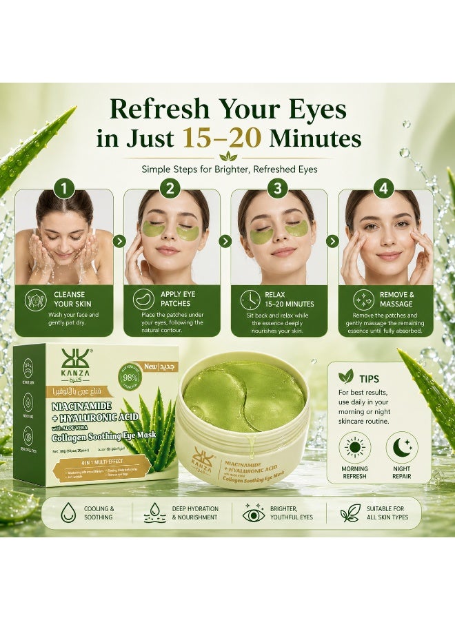 Kanza 60 Pcs Aloe Vera Collagen Soothing Eye Mask Niacinamide with Hyaluronic Acid Under Eye Patches for Dark Circles and Puffiness Reduces Eye Bags Wrinkles Improves Firms Eye Skin Dark Circles Treatment Collagen Eye Gel Pads Anti Wrinkle Eye Patches - Image 4