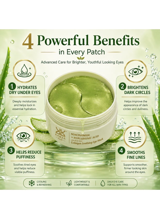Kanza 60 Pcs Aloe Vera Collagen Soothing Eye Mask Niacinamide with Hyaluronic Acid Under Eye Patches for Dark Circles and Puffiness Reduces Eye Bags Wrinkles Improves Firms Eye Skin Dark Circles Treatment Collagen Eye Gel Pads Anti Wrinkle Eye Patches - Image 3