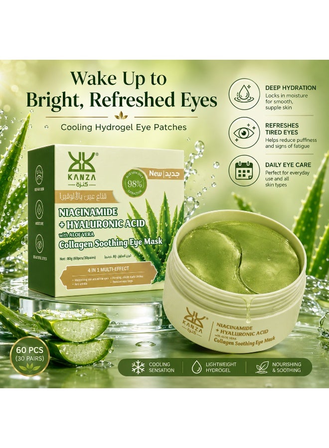 Kanza 60 Pcs Aloe Vera Collagen Soothing Eye Mask Niacinamide with Hyaluronic Acid Under Eye Patches for Dark Circles and Puffiness Reduces Eye Bags Wrinkles Improves Firms Eye Skin Dark Circles Treatment Collagen Eye Gel Pads Anti Wrinkle Eye Patches - Image 2