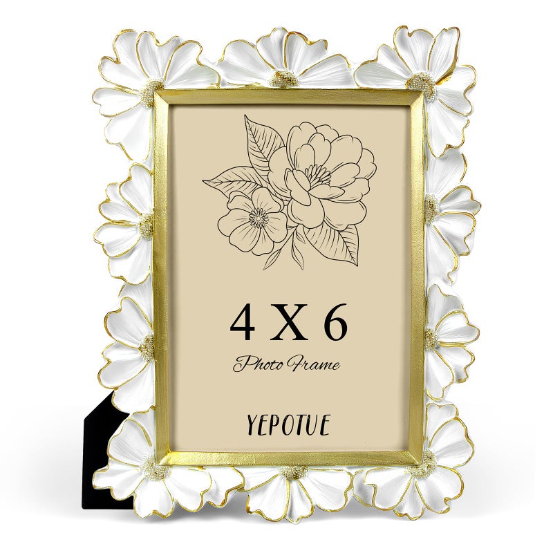 YEPOTUE 4x6 Vintage Flower Picture Frame, Ornate Antique Photo Frame with Glass Front, Elegant Picture Frame for for Wall or Tabletop Display, Gift ldeas for Home Decor (White Gold) - Image 1