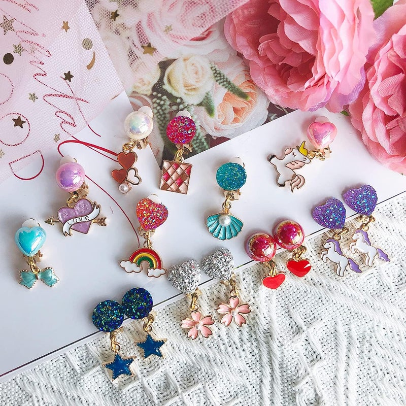 ELEMIRSA 12 Pairs Clip On Earrings Girl Party Favor Princess Clip on Earrings Pretend Play Unicorn Earrings for Little Girl Kids Toddlers Jewelry Set - Image 3