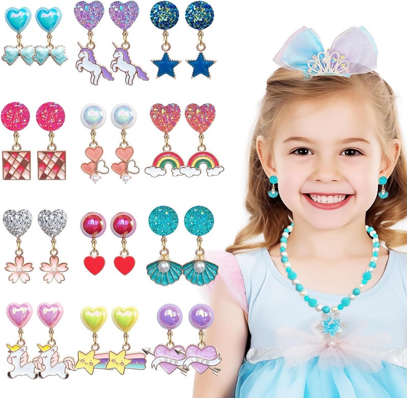 ELEMIRSA 12 Pairs Clip On Earrings Girl Party Favor Princess Clip on Earrings Pretend Play Unicorn Earrings for Little Girl Kids Toddlers Jewelry Set - Image 2