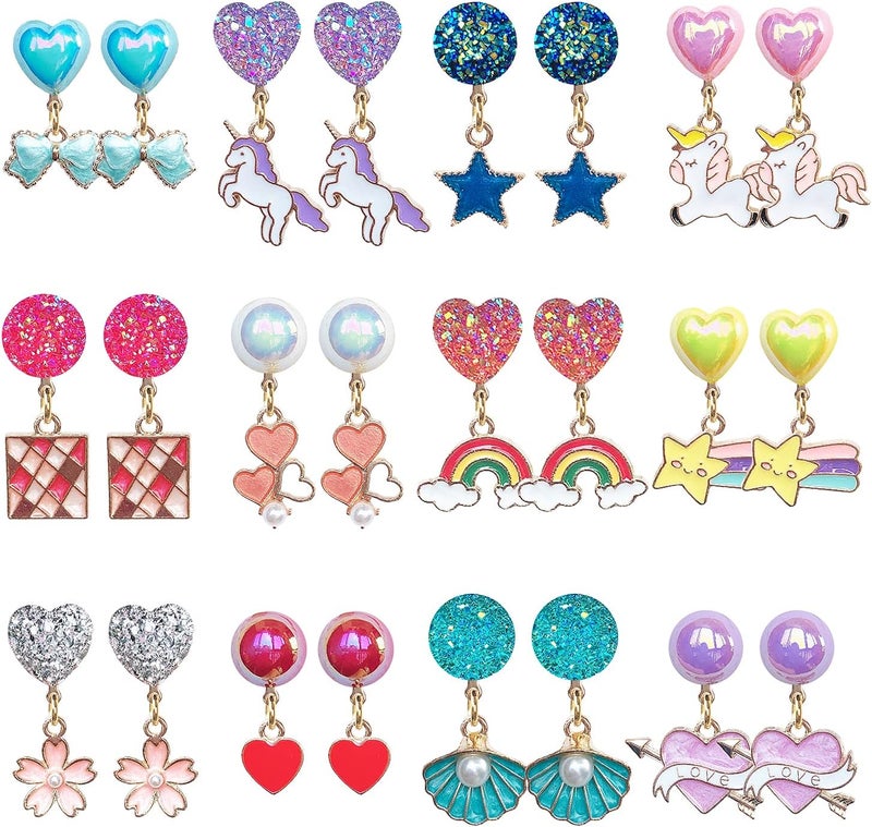 ELEMIRSA 12 Pairs Clip On Earrings Girl Party Favor Princess Clip on Earrings Pretend Play Unicorn Earrings for Little Girl Kids Toddlers Jewelry Set - Image 1