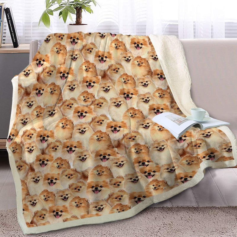 BlessLiving Fuzzy Dogs Blanket Pomeranian Throw Reversible Sherpa Fleece Cute Puppy Design 50 x 60 Inches