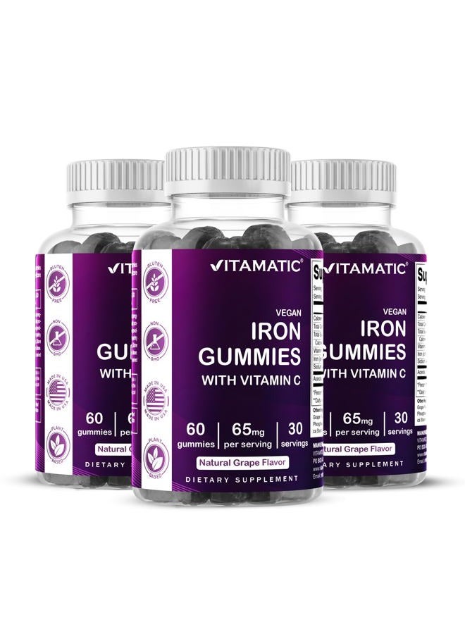 Vitamatic Iron 65 mg Gummies Supplement for Women & Men - 60 Vegan Gummies - Great Tasting Iron Gummy Vitamins with Vitamin C (3) - Image 1