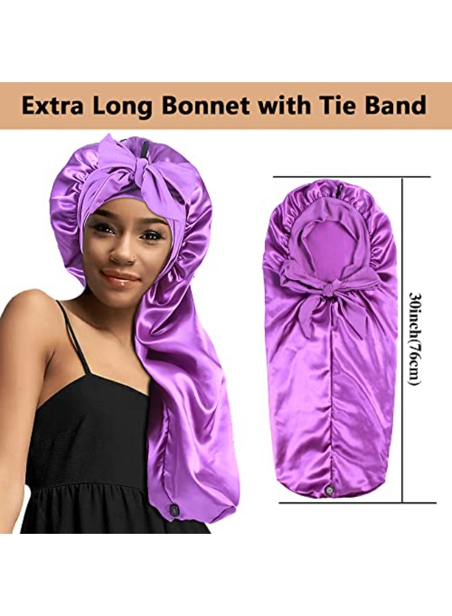 Heniho 2pcs Long Satin Bonnets with Tie Band Large Braid Bonnet Silky Hair Cap for Locs Women Sleeping F - Image 3