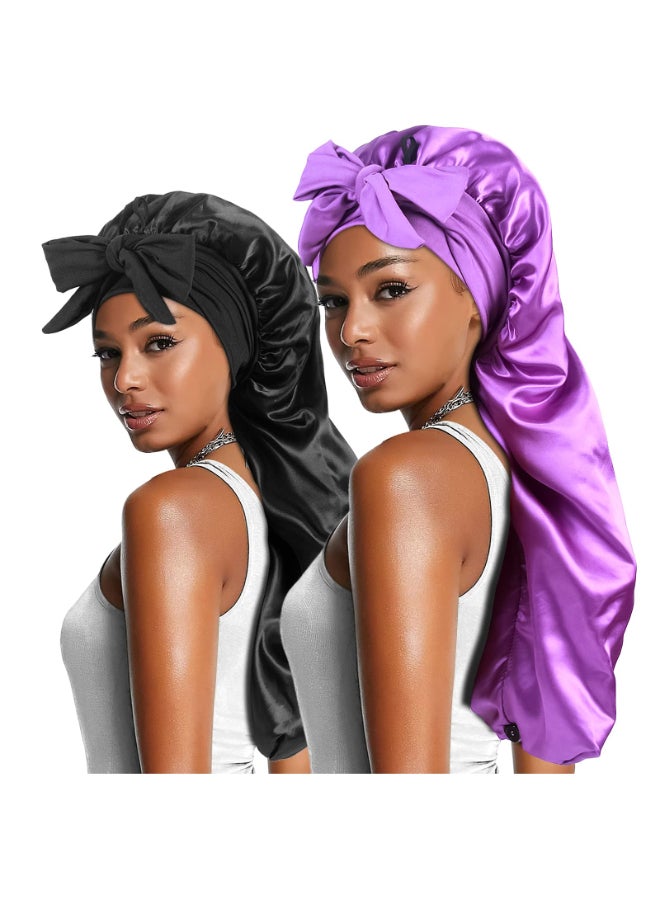 Heniho 2pcs Long Satin Bonnets with Tie Band Large Braid Bonnet Silky Hair Cap for Locs Women Sleeping F - Image 2