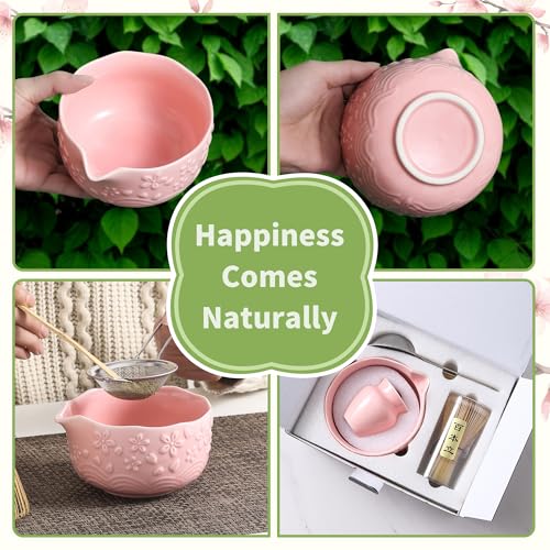 TAUFIKT Matcha Whisk Set, 5 Pcs Ceramic Matcha Set, Matcha Kit Set Includes Matcha Bowl, Matcha Whisk and Holder, Bamboo Scoop and Sifter, Matcha Tea Set, Ideal Gift for Family/Friend (Pink) - Image 2