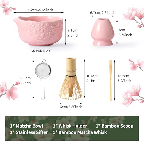 TAUFIKT Matcha Whisk Set, 5 Pcs Ceramic Matcha Set, Matcha Kit Set Includes Matcha Bowl, Matcha Whisk and Holder, Bamboo Scoop and Sifter, Matcha Tea Set, Ideal Gift for Family/Friend (Pink) - Image 4