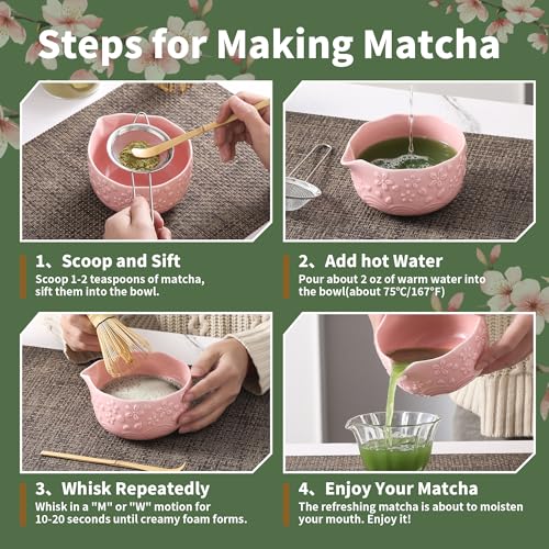 TAUFIKT Matcha Whisk Set, 5 Pcs Ceramic Matcha Set, Matcha Kit Set Includes Matcha Bowl, Matcha Whisk and Holder, Bamboo Scoop and Sifter, Matcha Tea Set, Ideal Gift for Family/Friend (Pink) - Image 5