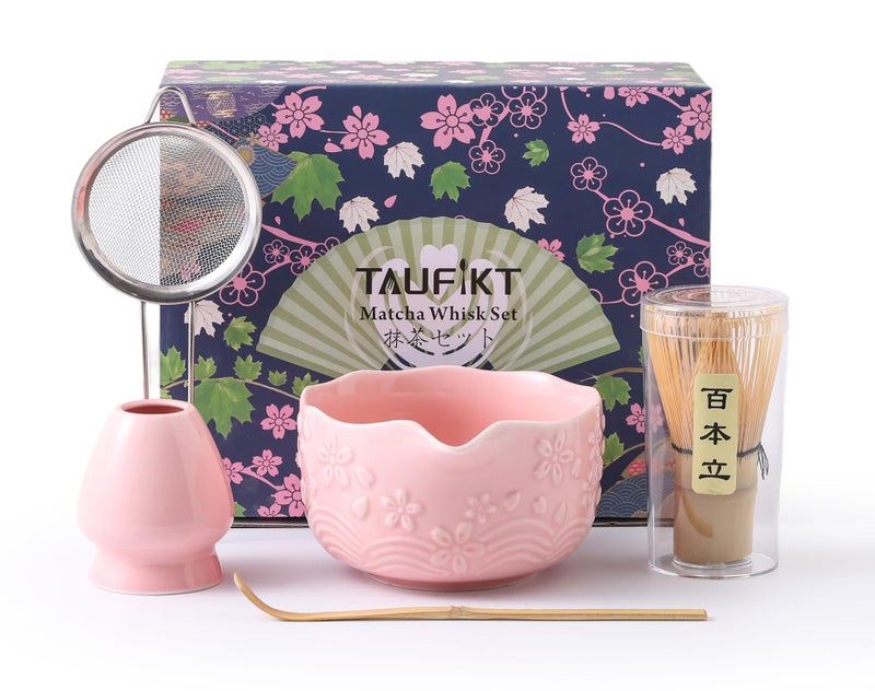 TAUFIKT Matcha Whisk Set, 5 Pcs Ceramic Matcha Set, Matcha Kit Set Includes Matcha Bowl, Matcha Whisk and Holder, Bamboo Scoop and Sifter, Matcha Tea Set, Ideal Gift for Family/Friend (Pink) - Image 1